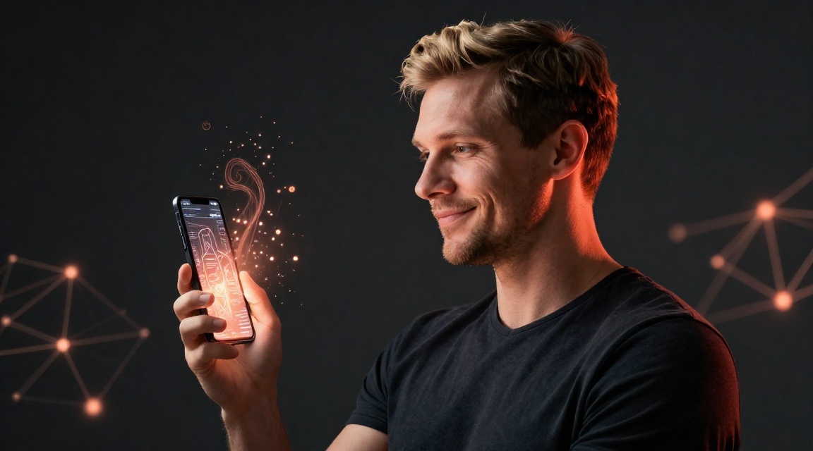 Уверенный мужчина со смартфоном на фоне абстрактной блокчейн сети с яркими узлами энергии — символ автоматической покупки энергии TRON и экономии на комиссиях USDT TRC20